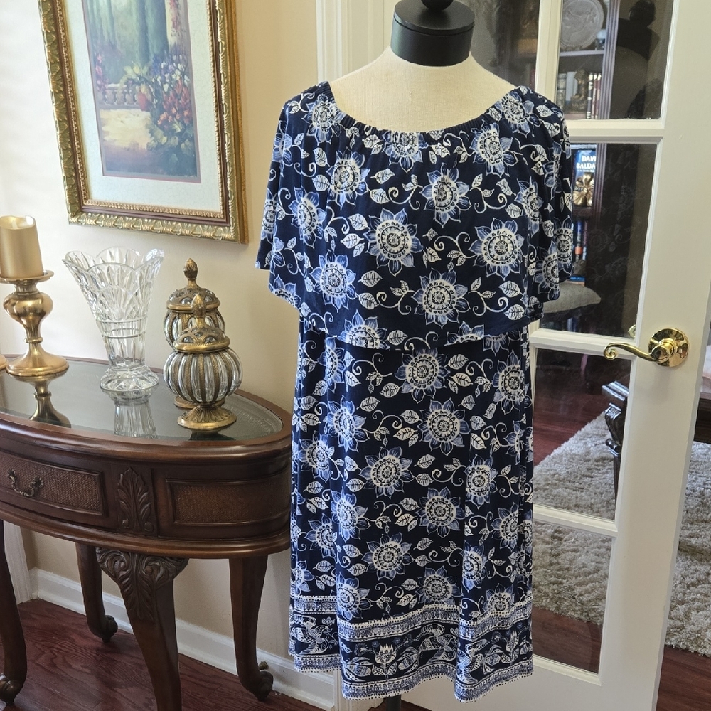 J. Jill Blue White Flutter Sleeve Dress Stretch Pull On Elastic Neck Medium EUC